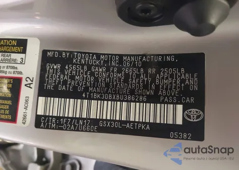 2011 Toyota Avalon Limited z USA, uszkodzony, nr VIN 4T1BK3DBXBU386286